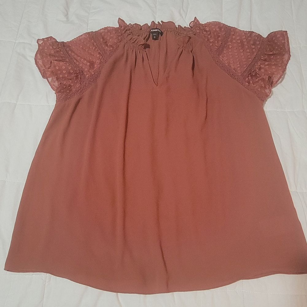 Express Women's Blouse with Lace Sheer Sleeves Color Dusty Rose Size L - Picture 2 of 4